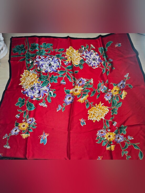 Vintage 1990 Smithsonian Institution Red Floral Butterfly Square 100% Silk Scarf